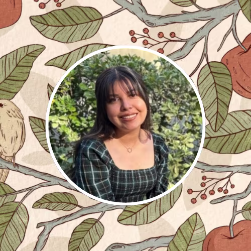 Botanical apple design with headshot of Spoonflower artist ammiecreative in front of it.