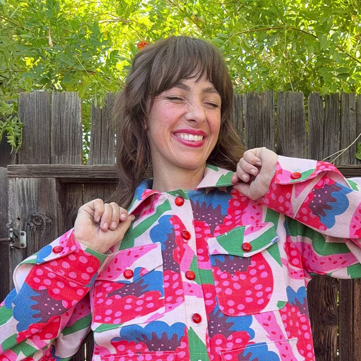 Kelsey Garner in a bright boho jacket made with Dogwood Denim