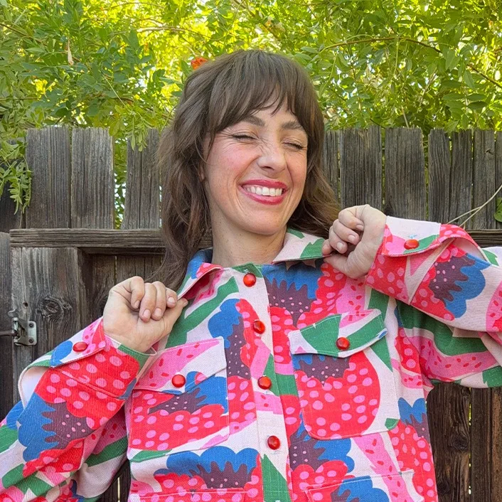 Kelsey Garner in a bright boho jacket made with Dogwood Denim