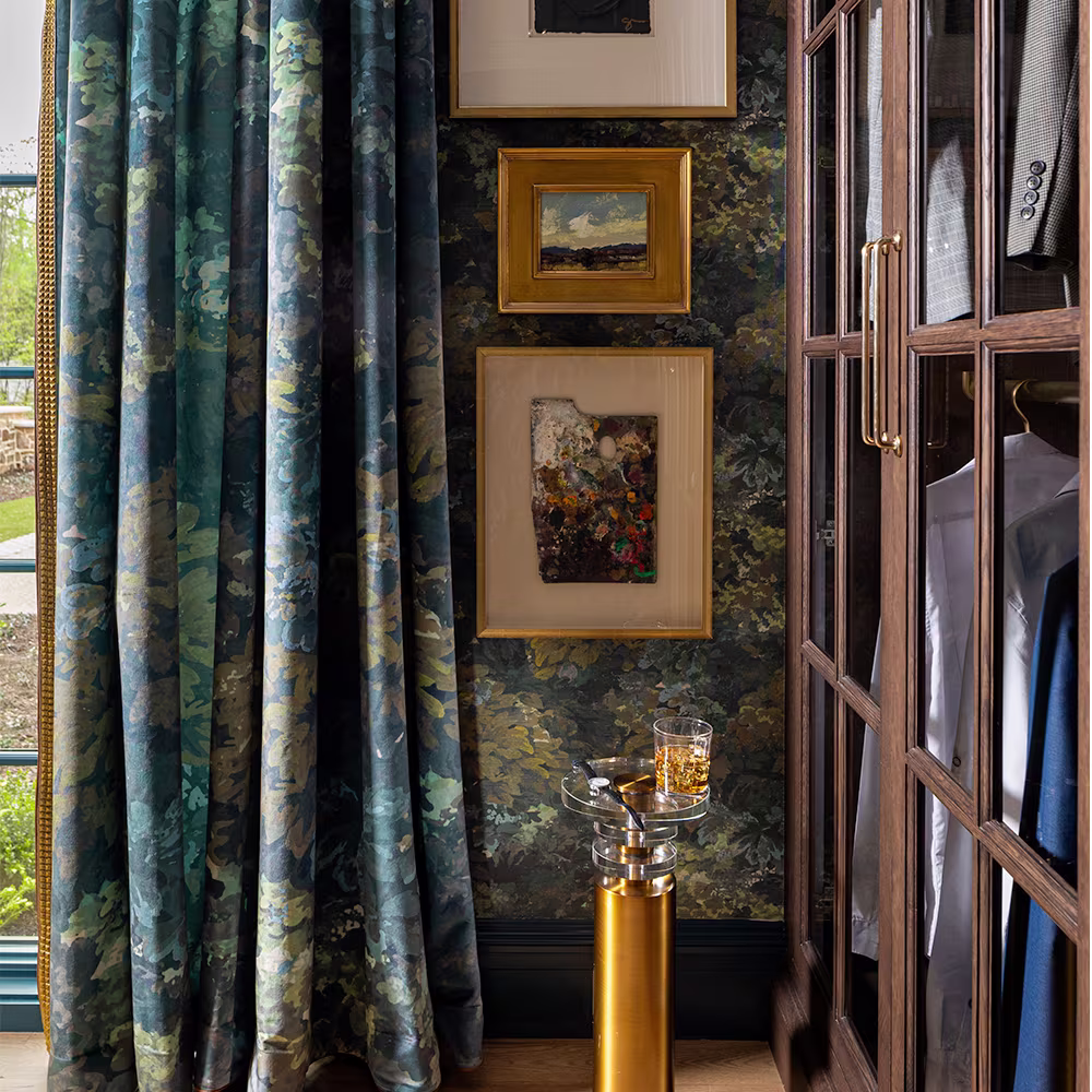 Dressing room with Wallpaper and curtains in Heritage Charm - Botanical Tapestry - Midnight Forest by Spoonflower artist indigo_pruitt.