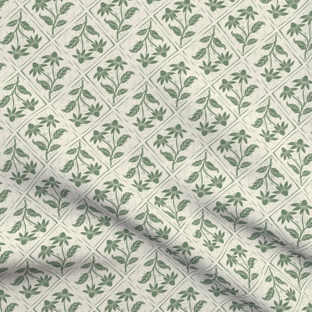 Block print wildflowers seaweed green Fabric by moniquebeaudincollections