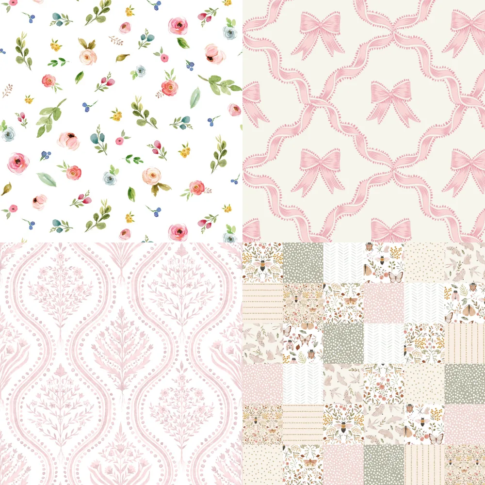 A grid of four baby pink designs