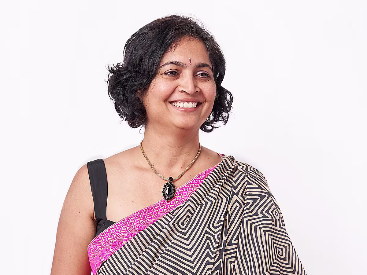 Anitha in her custom geometric sari