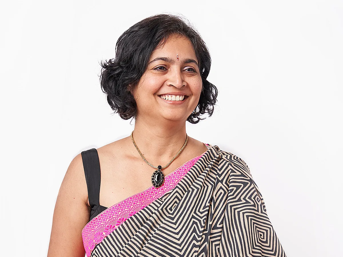Anitha in her custom geometric sari