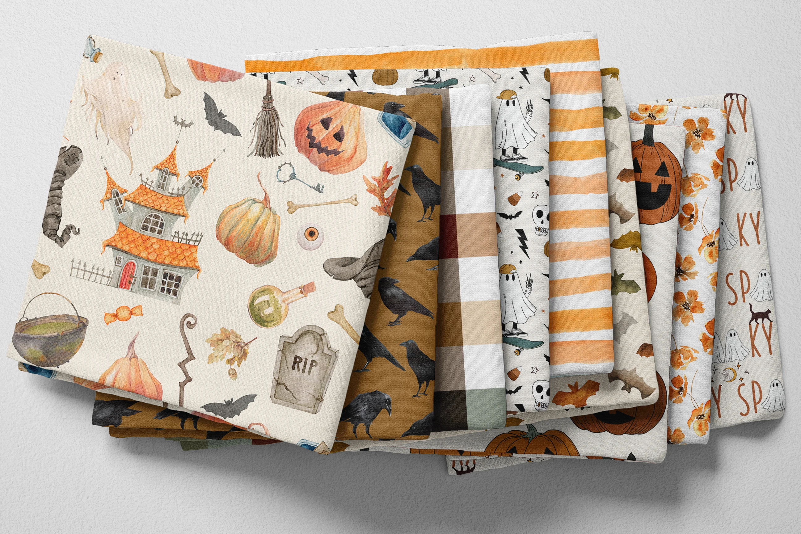 whimsical folded Spoonflower fabric with a Halloween theme
