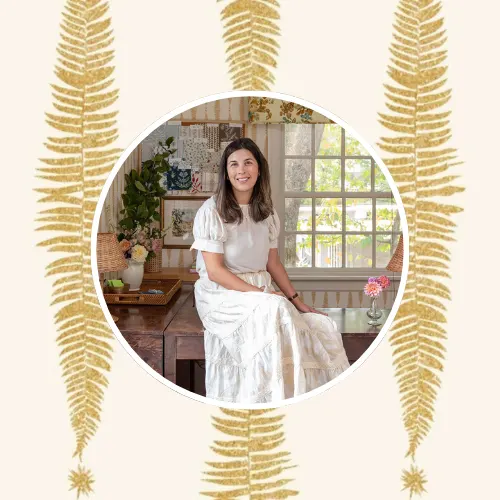 Cream and tan stripe design with a headshot of Caroline Walker.