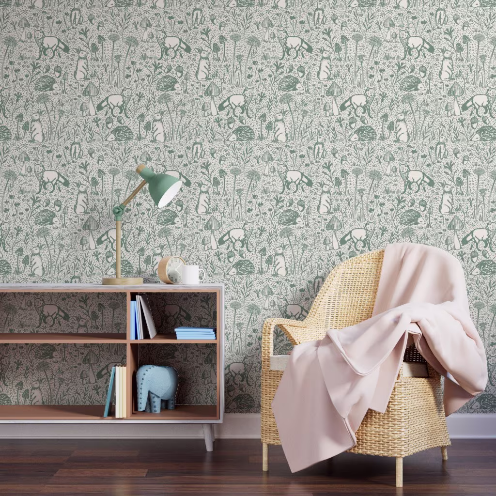 Toddler's room with woodland wallpaper.