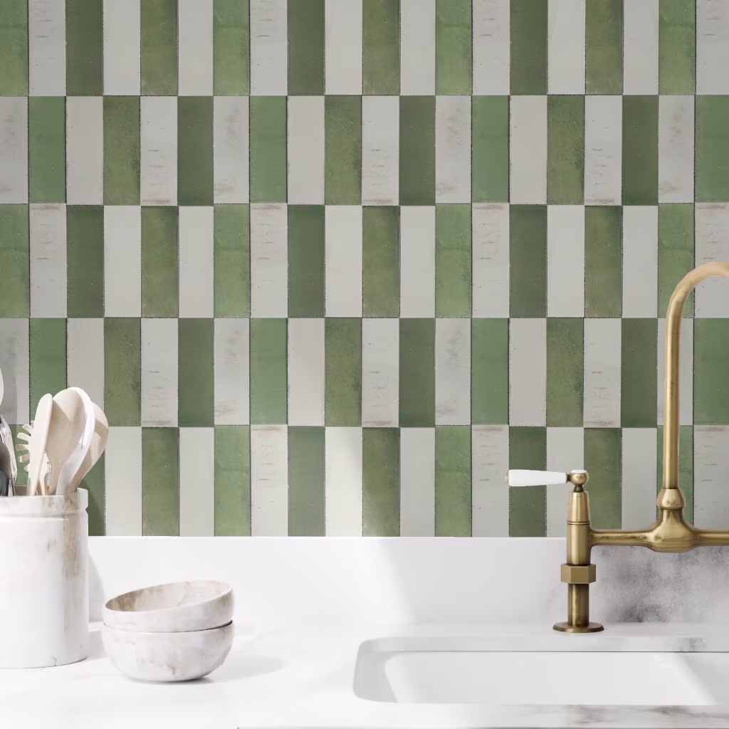 Kitchen with wallpaper printed to look like tiles