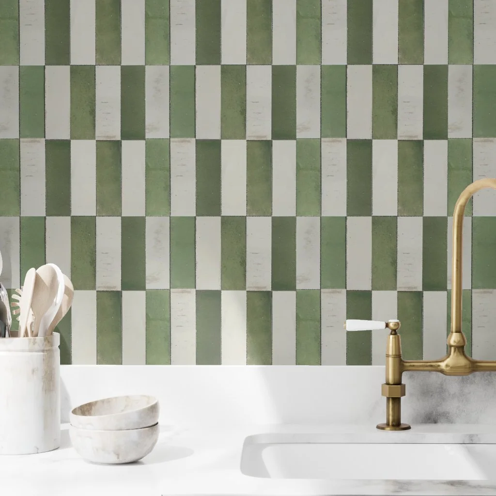 Kitchen with wallpaper printed to look like tiles