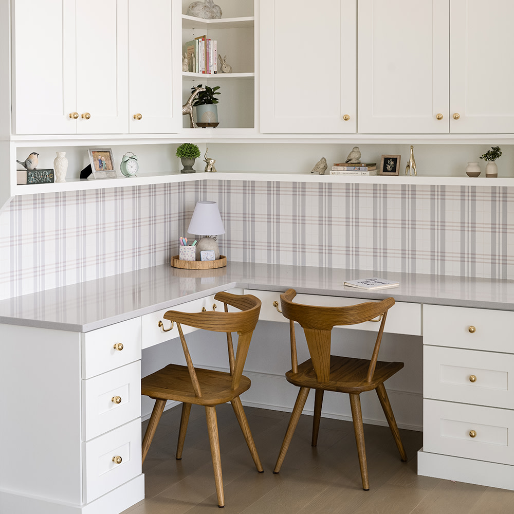 White plaid wallpaper in a home office.