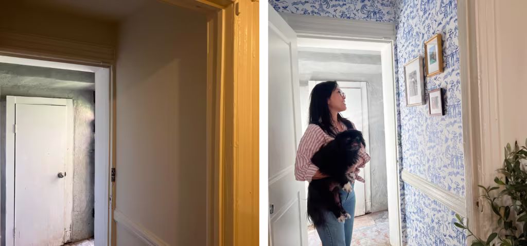 Two images have been combined into one image. On the left, a before photo of a hallway entryway to an apartment. An open white door in a white hallway leads to another white door and brown tile floor. On the right, a woman holds a small black dog who is l