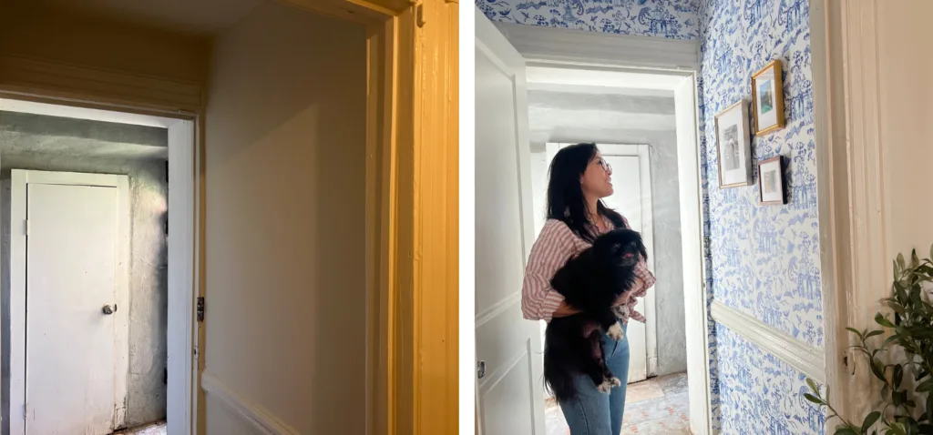 Two images have been combined into one image. On the left, a before photo of a hallway entryway to an apartment. An open white door in a white hallway leads to another white door and brown tile floor. On the right, a woman holds a small black dog who is l