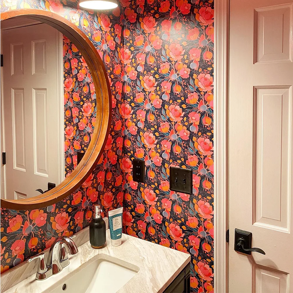 Bathroom with wallpaper in Magical Peony Chintz.