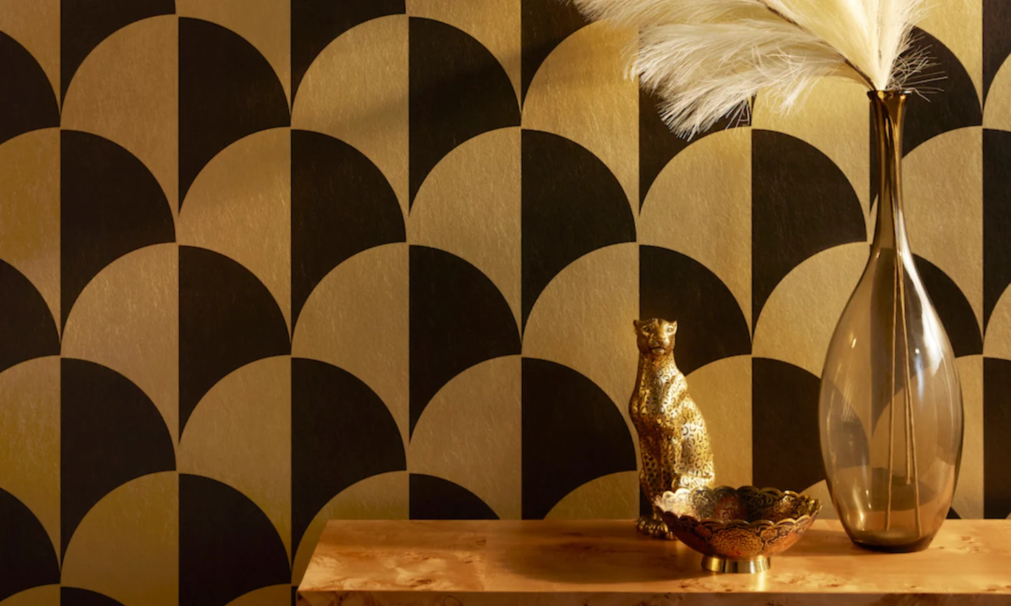 Black and gold art deco metallic wallpaper
