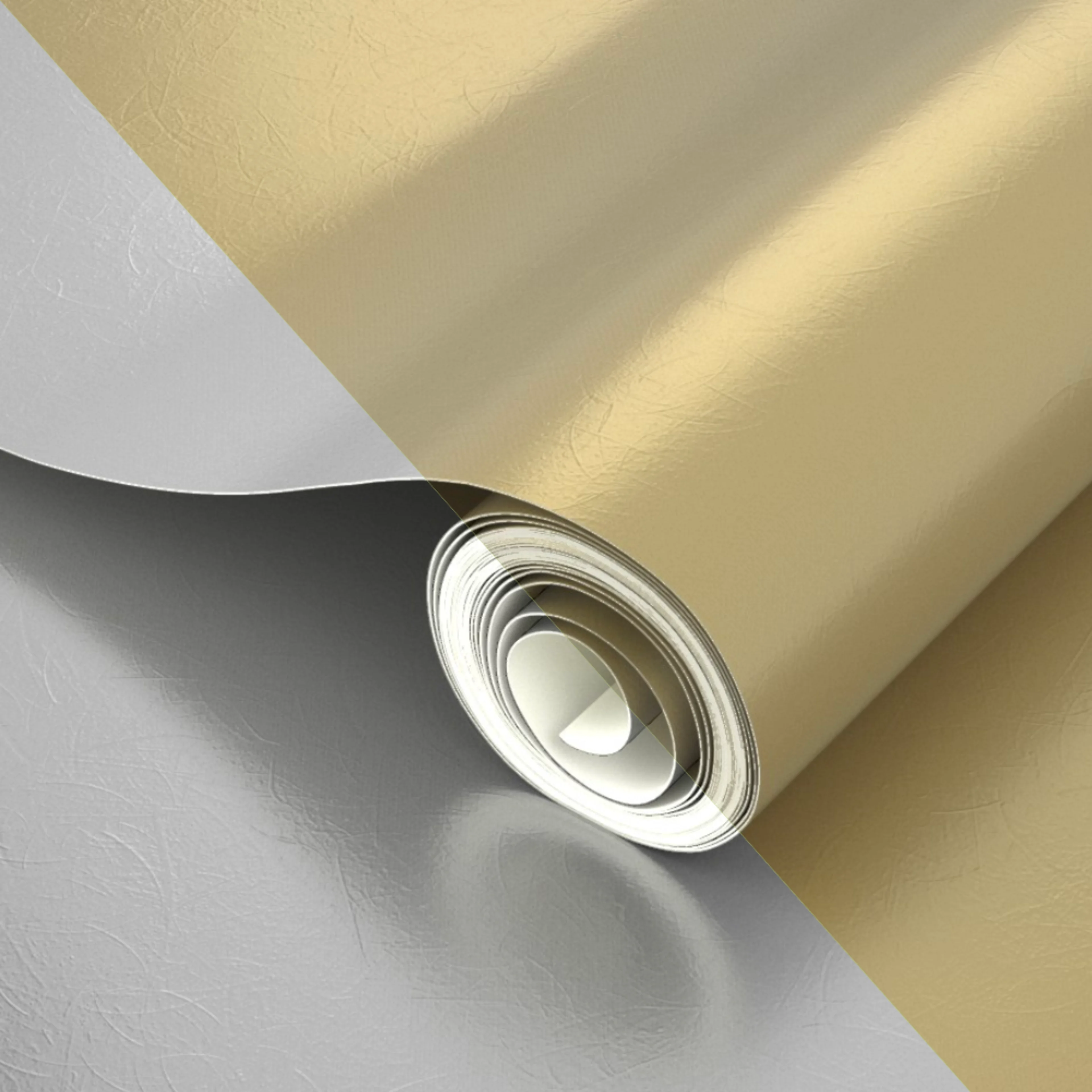 Unprinted split image of gold and silver metallic wallpaper.