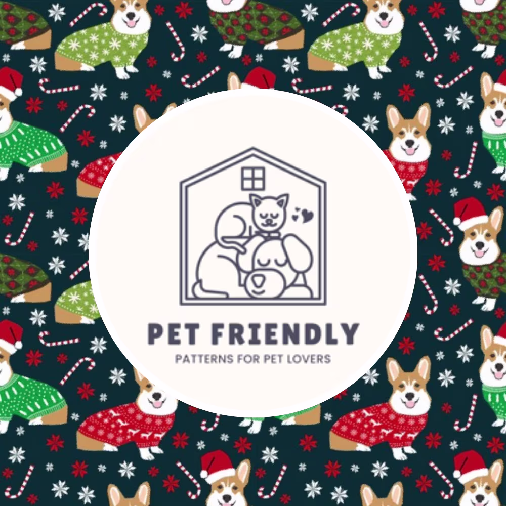 Christmas corgi design by petfriendly and the designer logo.