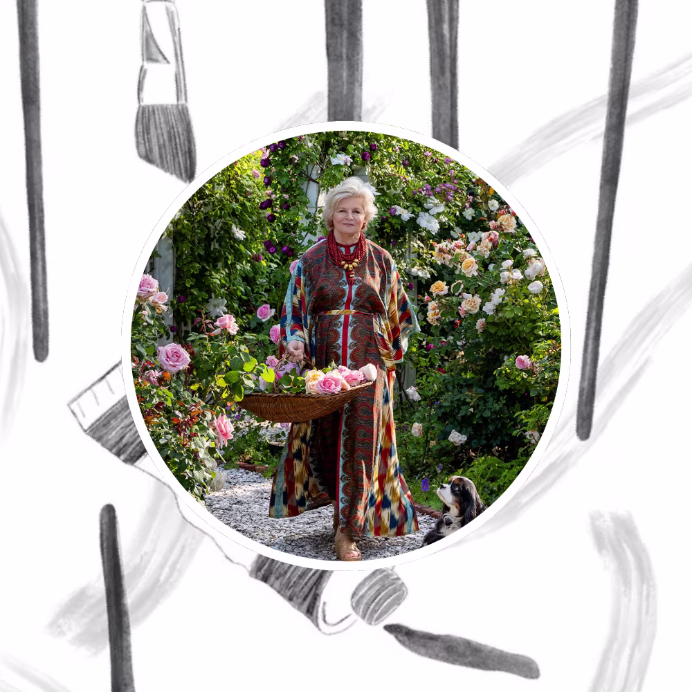 Charlotte moss in front of a artist studio inspired design.