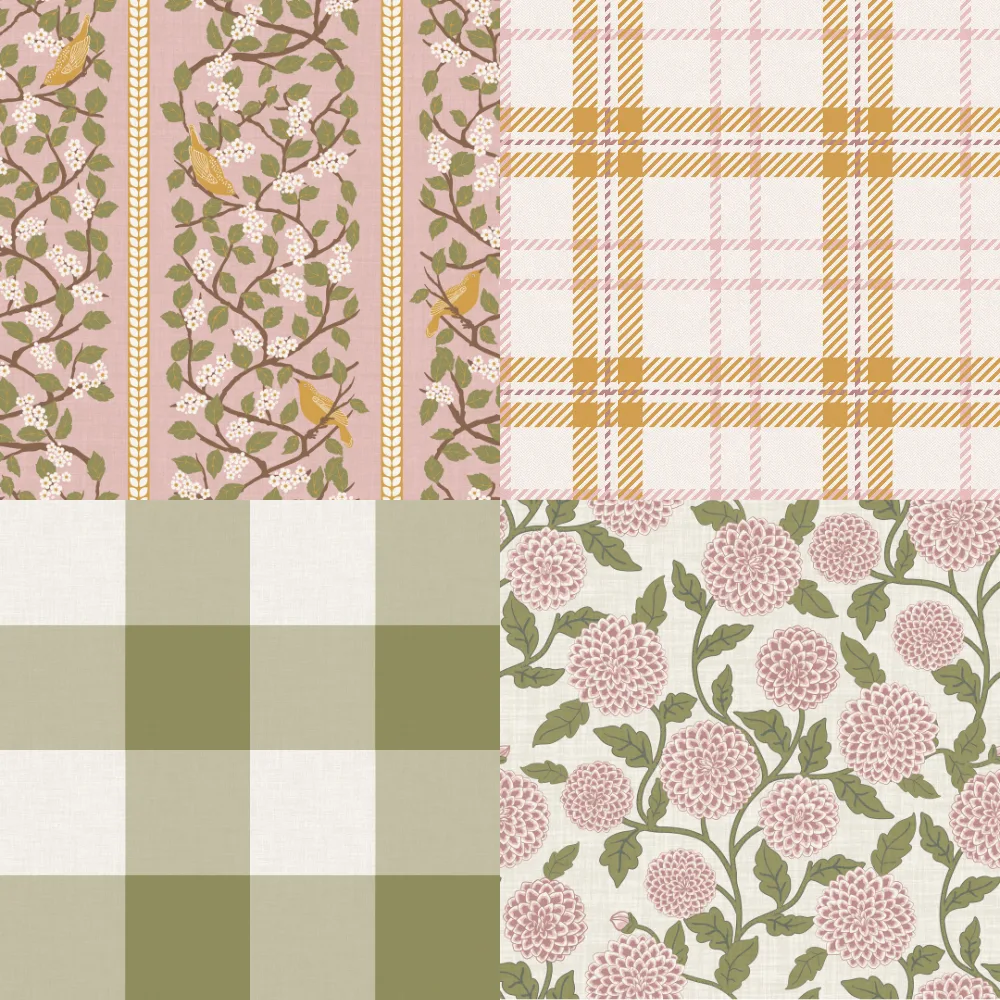 A grid of 4 cottagecore designs from jillybirdcreations