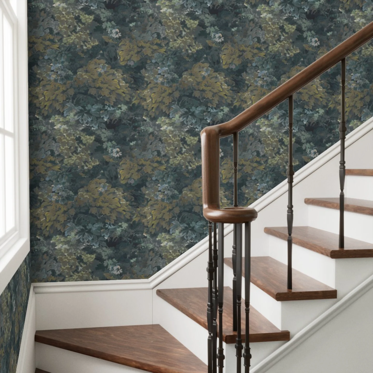 Stairway with Wallpaper in Heritage Charm -Botanical Tapestry - Midnight Forest by Spoonflower artist indigo_pruitt.