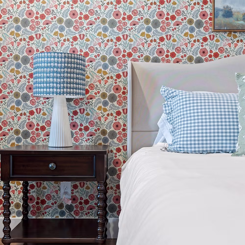 Bedroom with Spring Florals on Cream wallpaper by Spoonflower artist wrimple_designs.