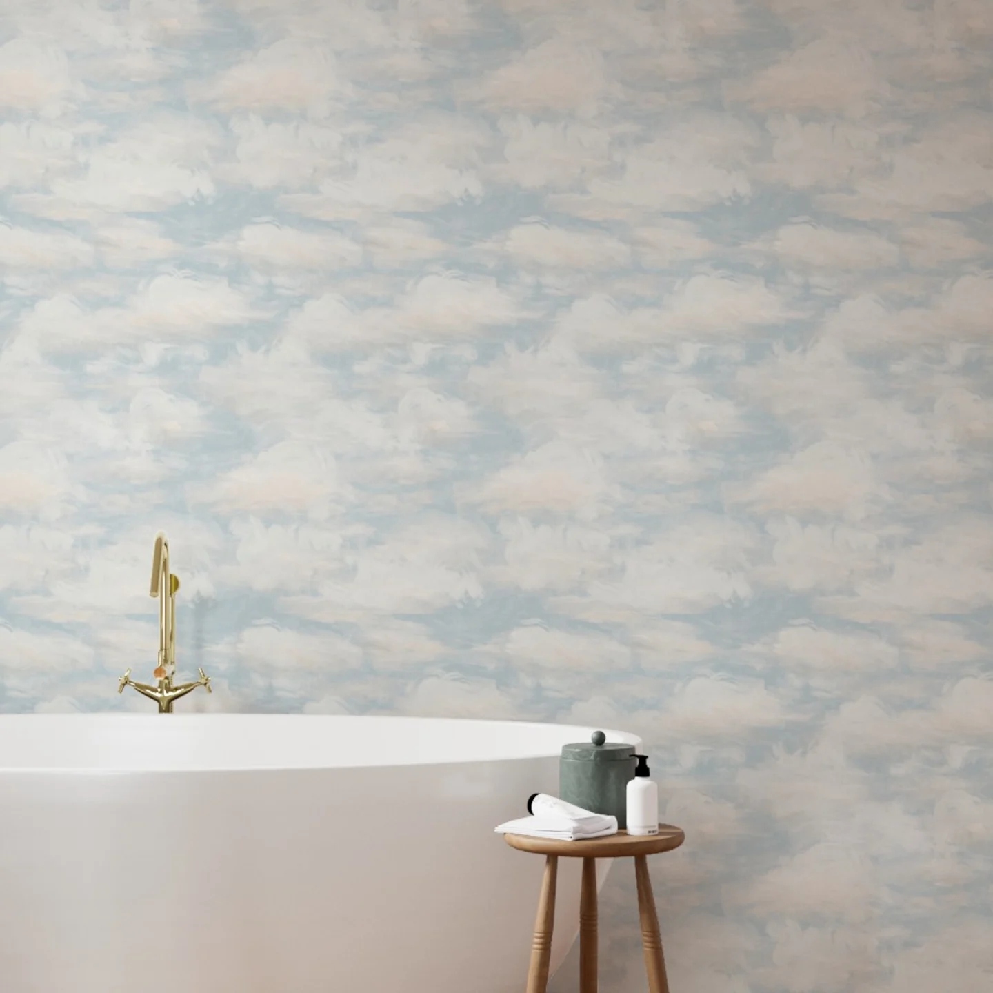 Bathroom with a bathtub in front of a wall with wallpaper with a blue sky and clouds design.