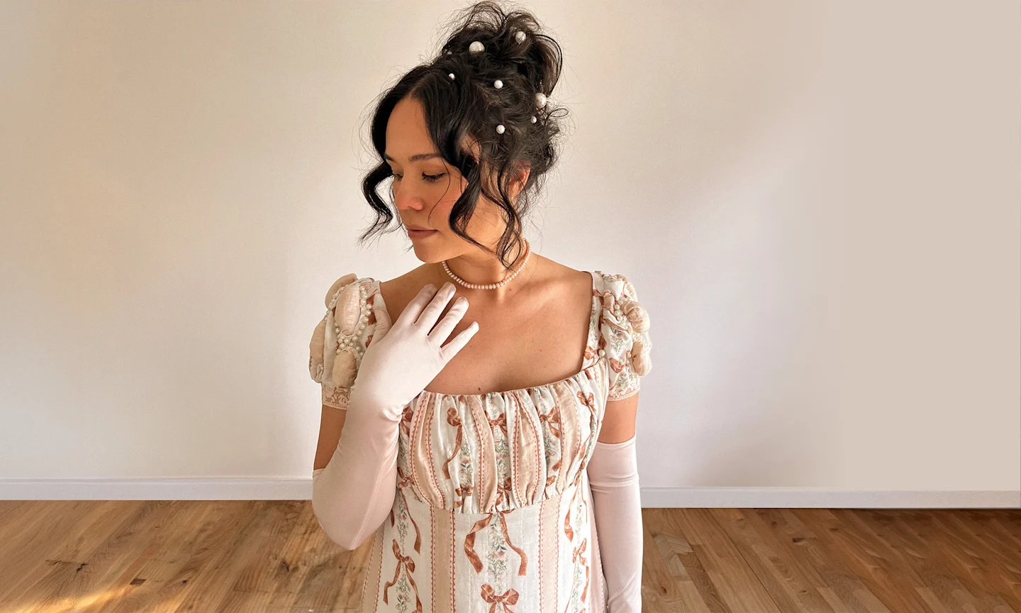 A photo of Veronica in her handmade Regency day dress