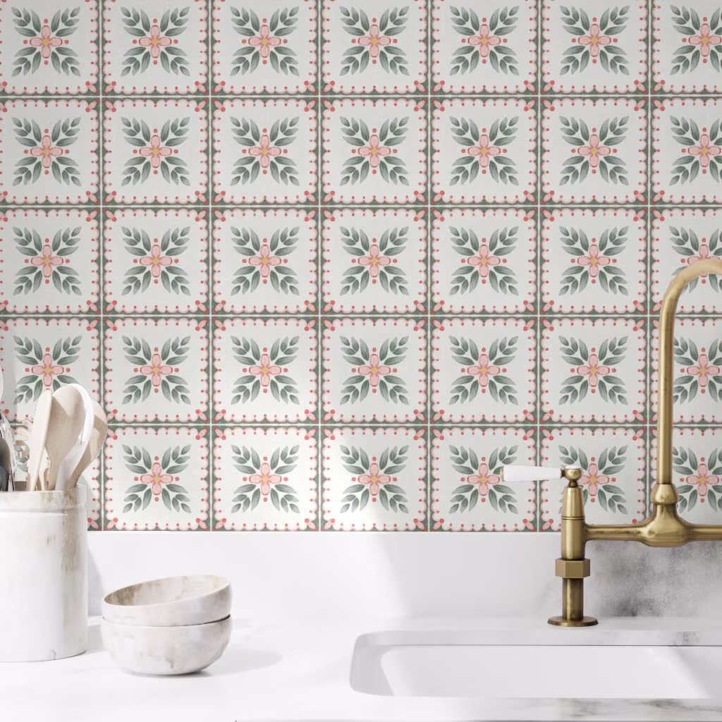 Kitchen with wallpaper in Vintage tile cottagecore by katjarrachdesigns.