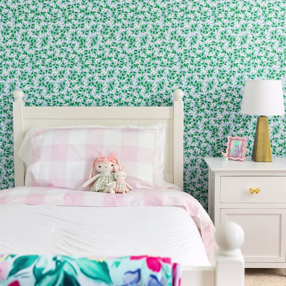 Bedroom with teal Misty Meadow Ditsy Floral by Spoonflower artist simplified.