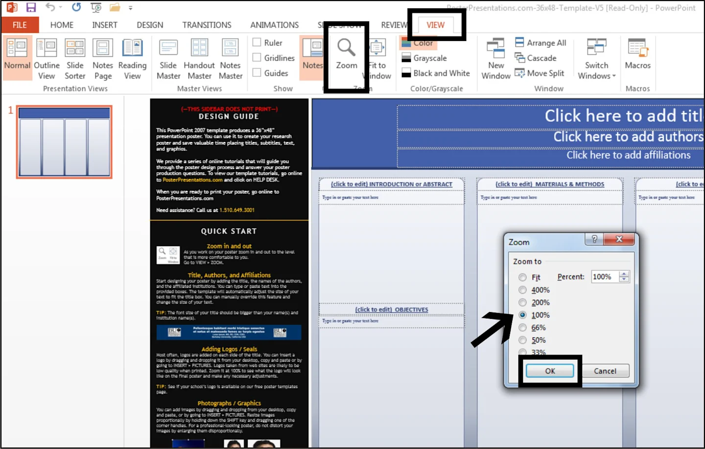 Selecting to view the PowerPoint in 100% Zoom mode. 