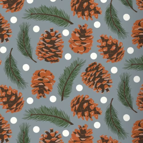 Pine cones and leaves with white dots of snow