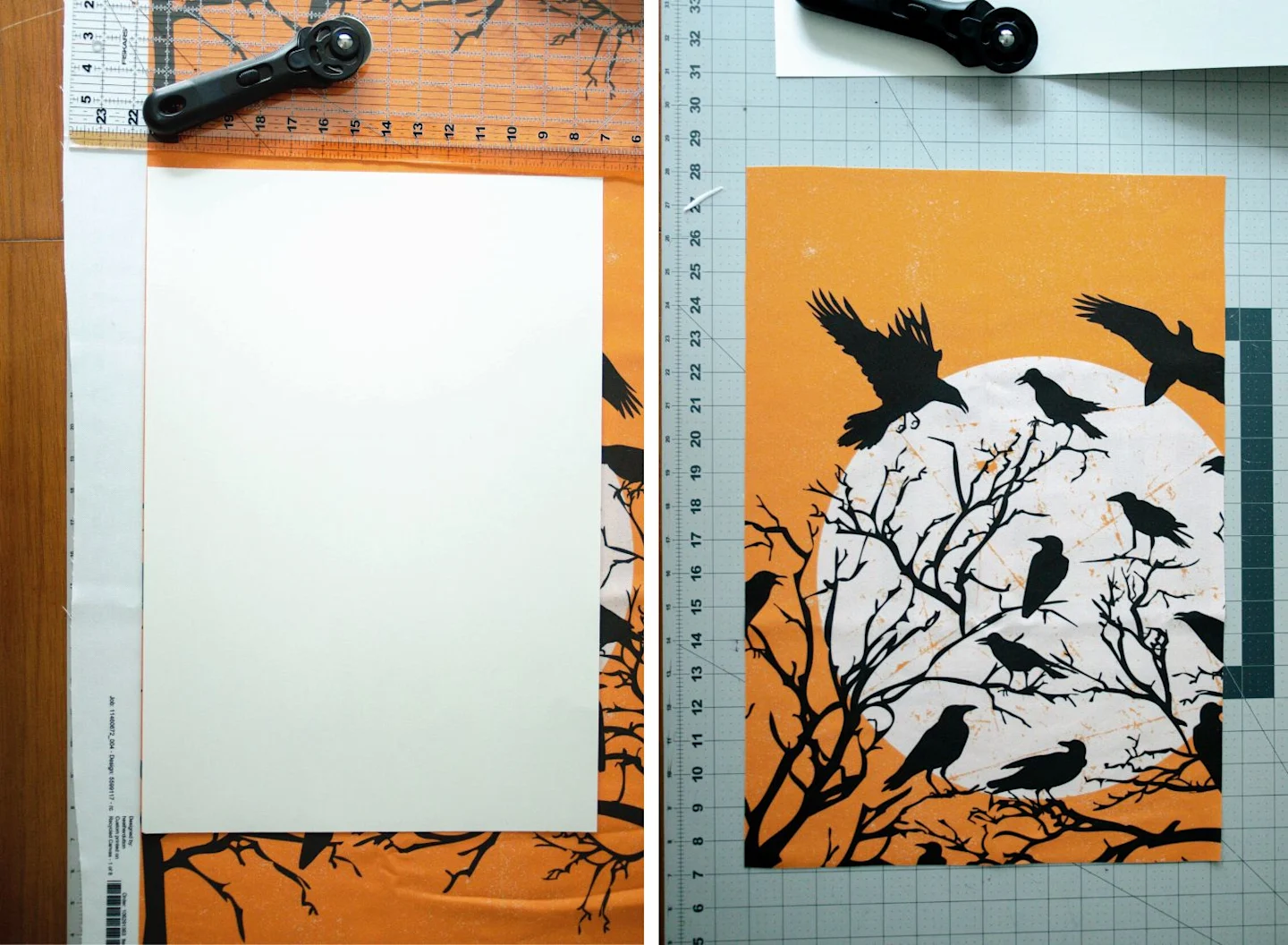Using a template to cut the shape of a rectangle, used to center a Halloween garden flag with a moon and crows.