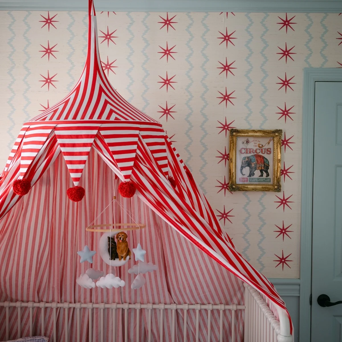 close up of circus nursery canopy