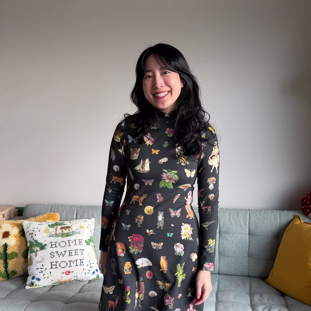 Joy Walters in her floral minidress made with cotton spandex jersey