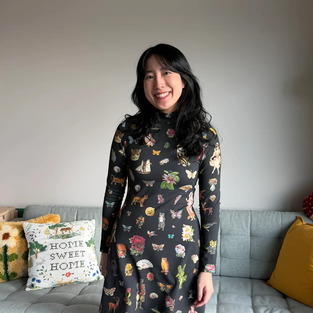 Joy Walters in her floral minidress made with cotton spandex jersey
