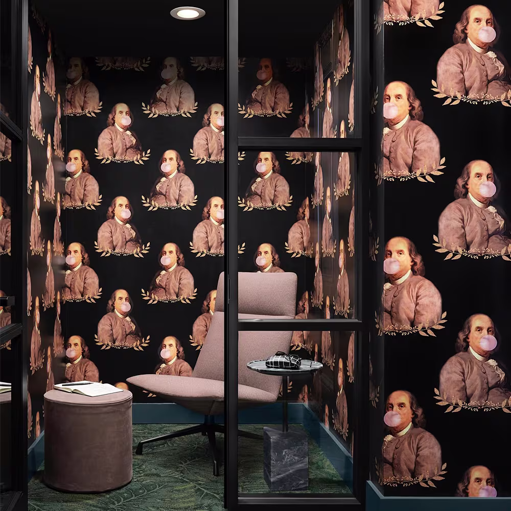Benji bubble gum wallpaper by rebelmod in an office workspace