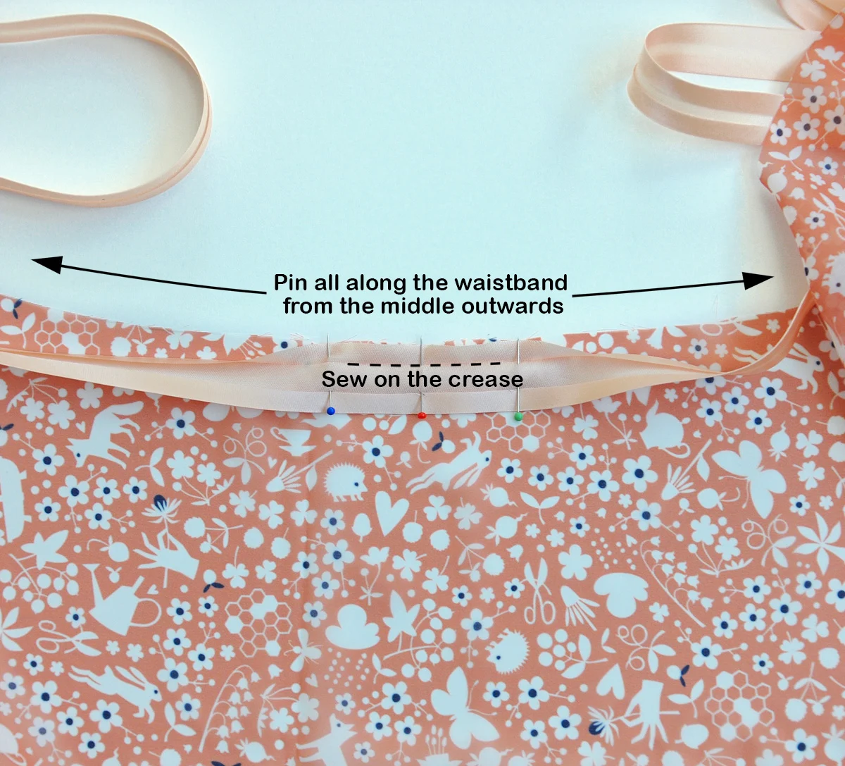 Pin and sew the bias tape on the waistband to create a tie