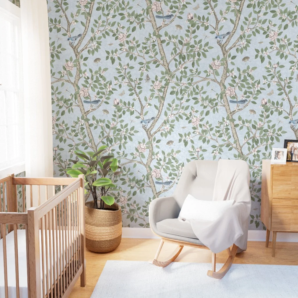 Nursery with chinoiserie print wallpaper