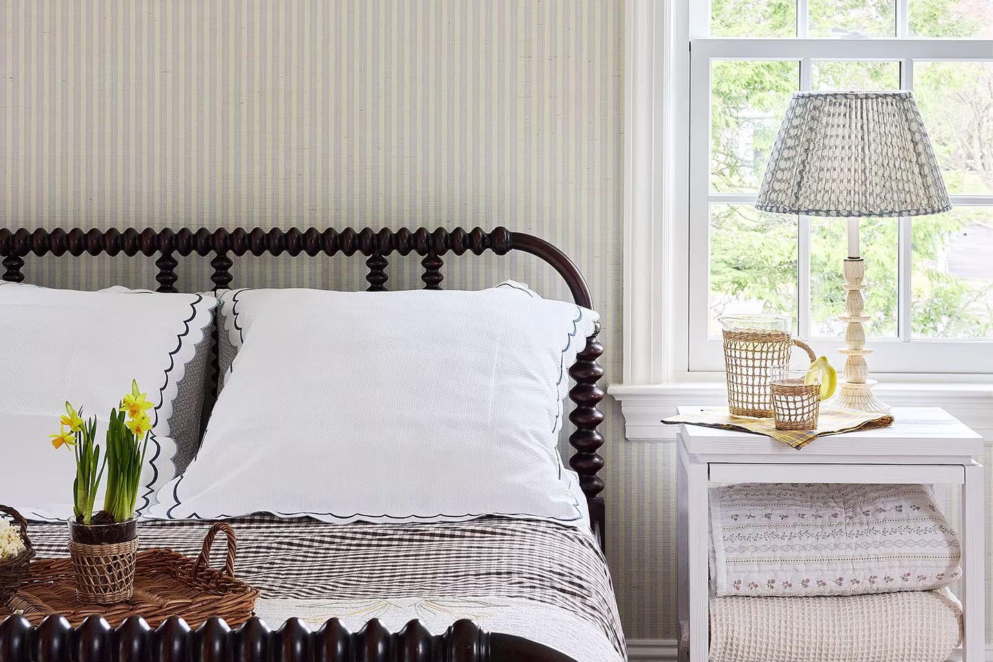 Image showing a minimal, calm, wallpaper in a simple bedroom.