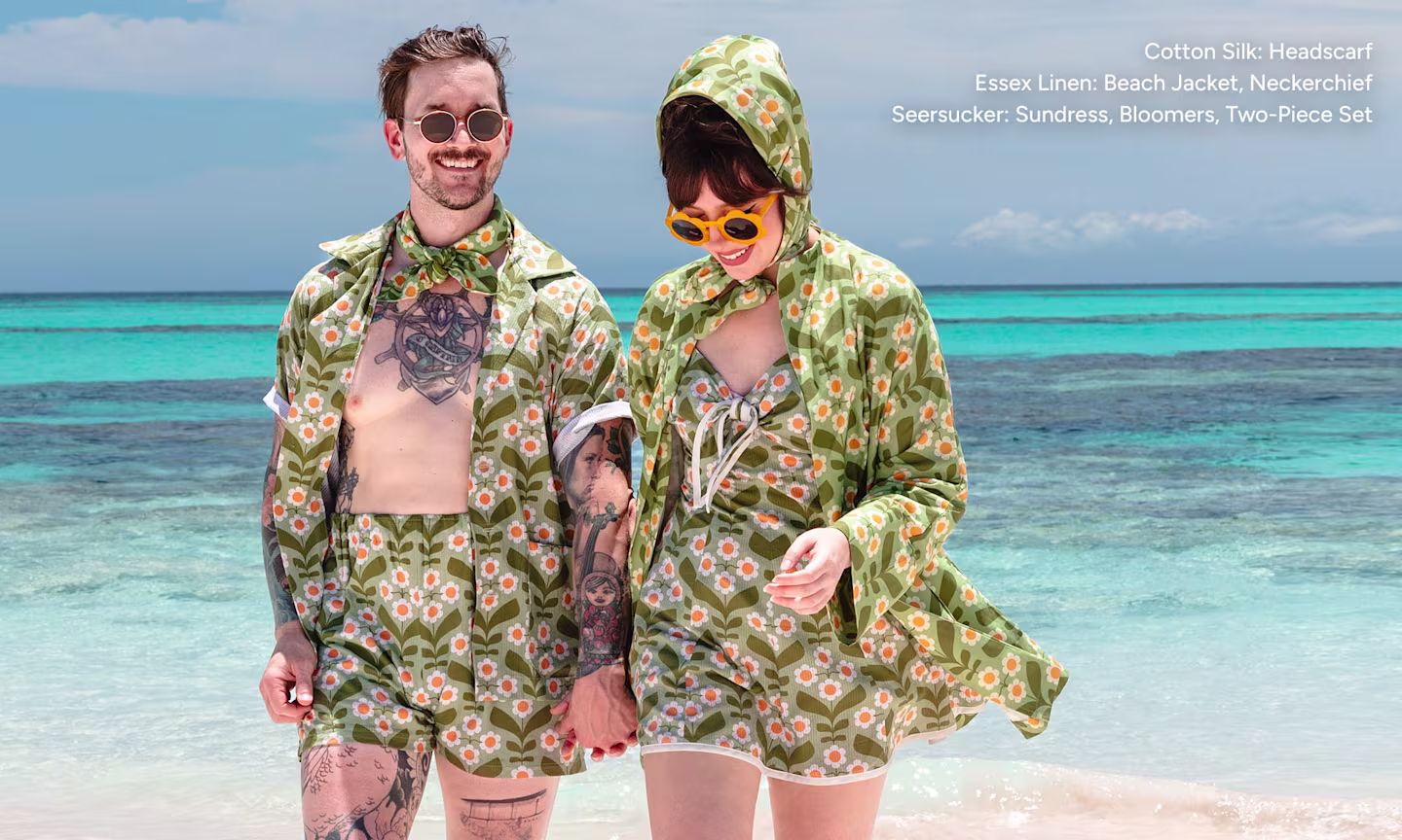 Keiko Lynn and Bobby wearing her sewing projects at the beach.