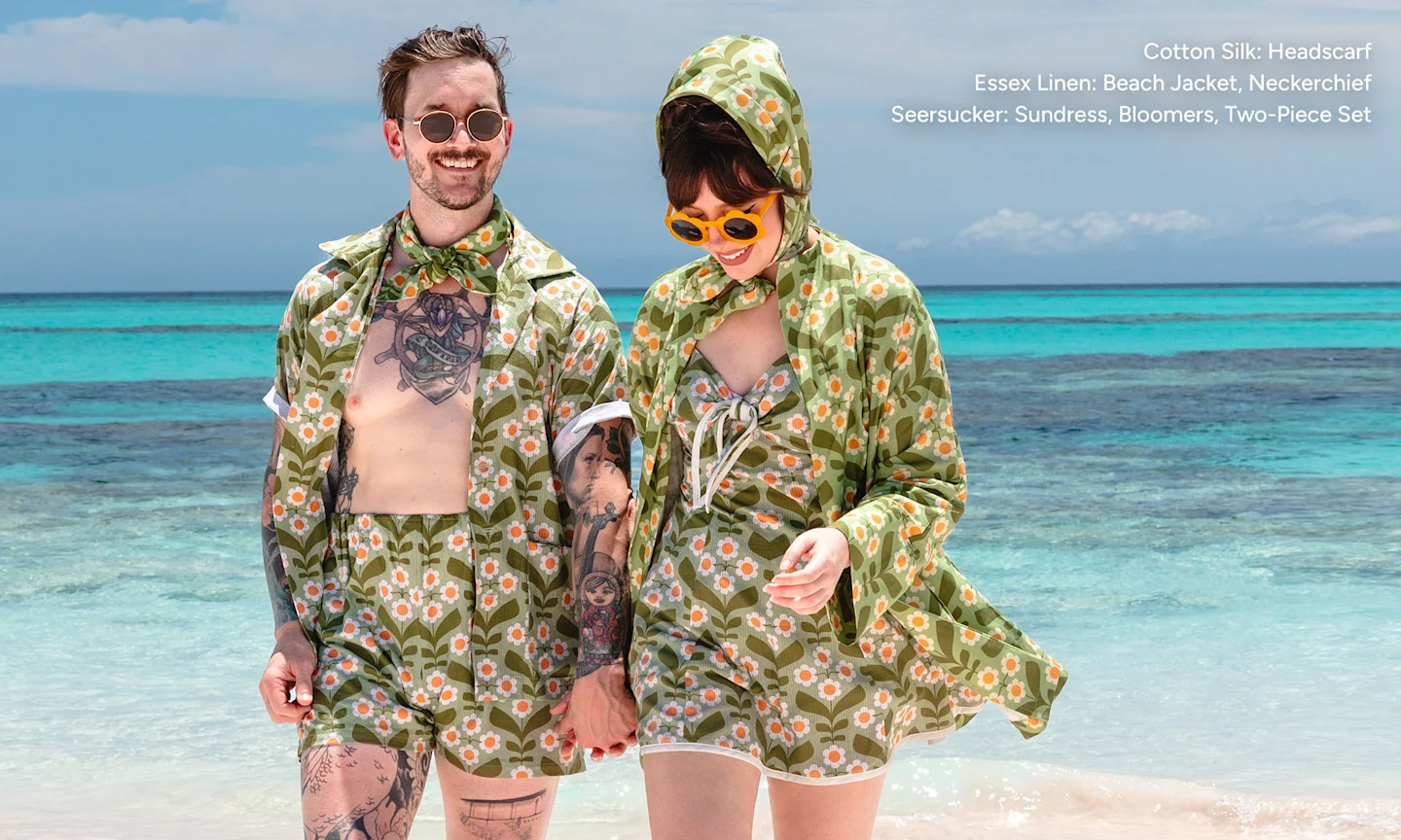 Keiko Lynn and Bobby wearing her sewing projects at the beach.