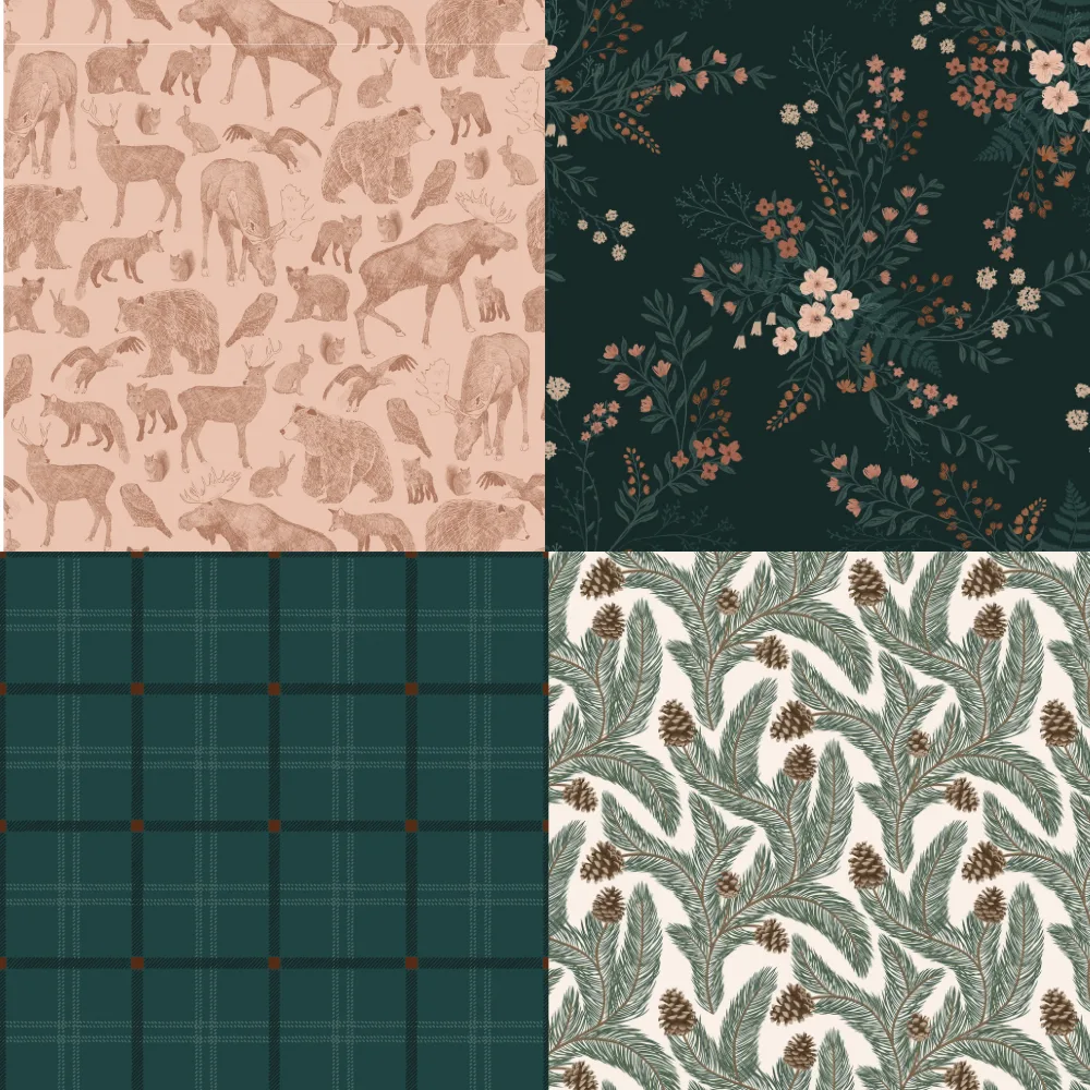 A grid of 4 winter woodland designs from caylanaylordesign