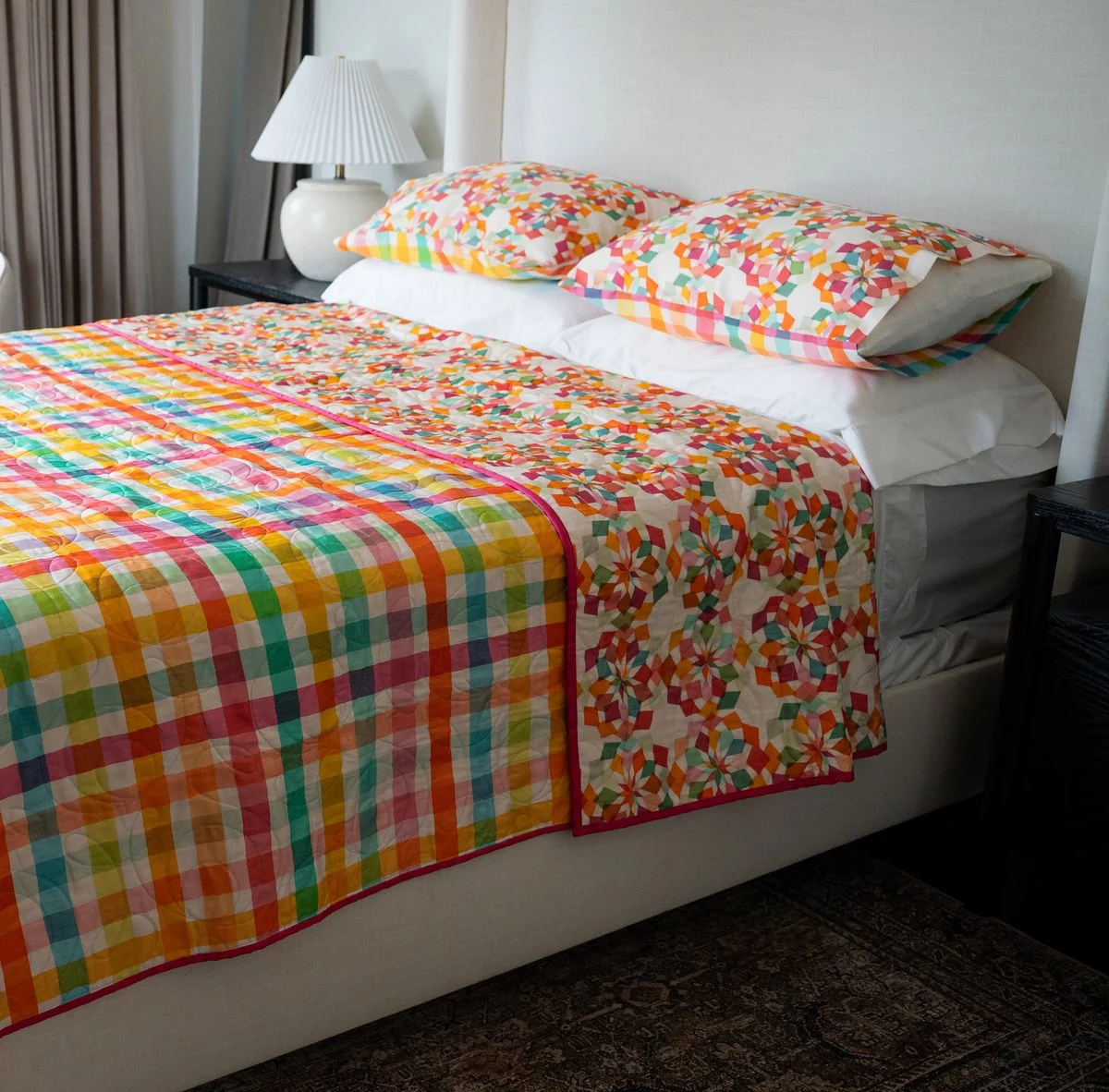 A bright modern quilt made by Vickeidy Plybon with wide cotton sateen 6.5