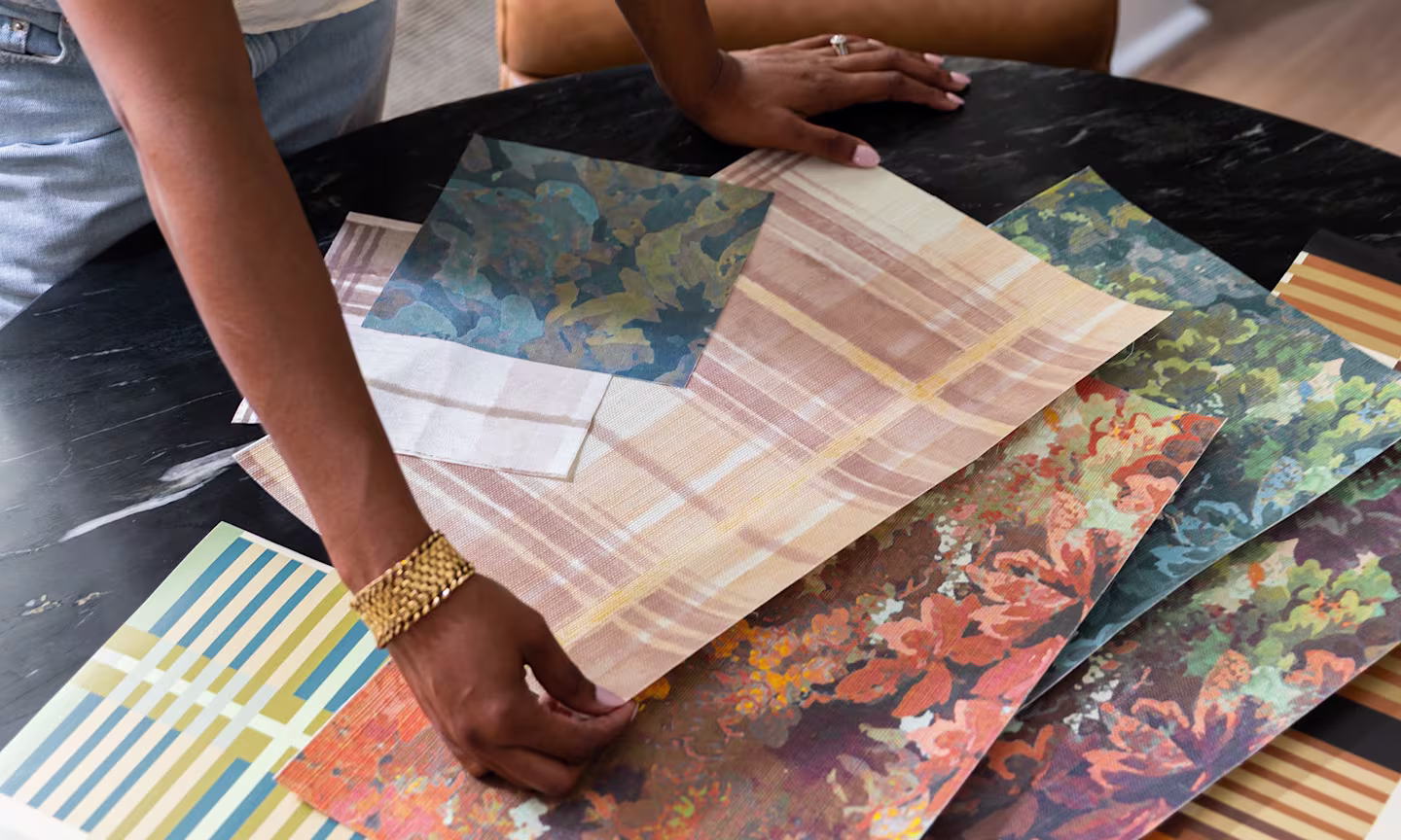 Swatches of wallpaper from the Indigo Pruitt heritage charm capsule collection.