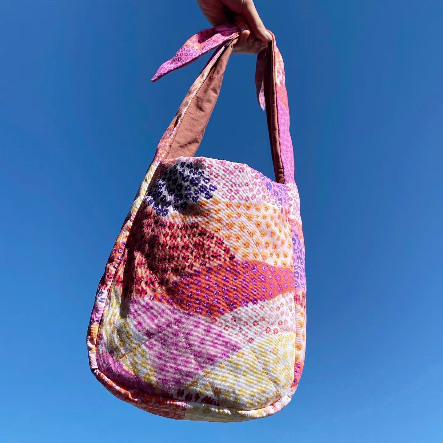 A patchwork handbag made with Lightweight Cotton Twill