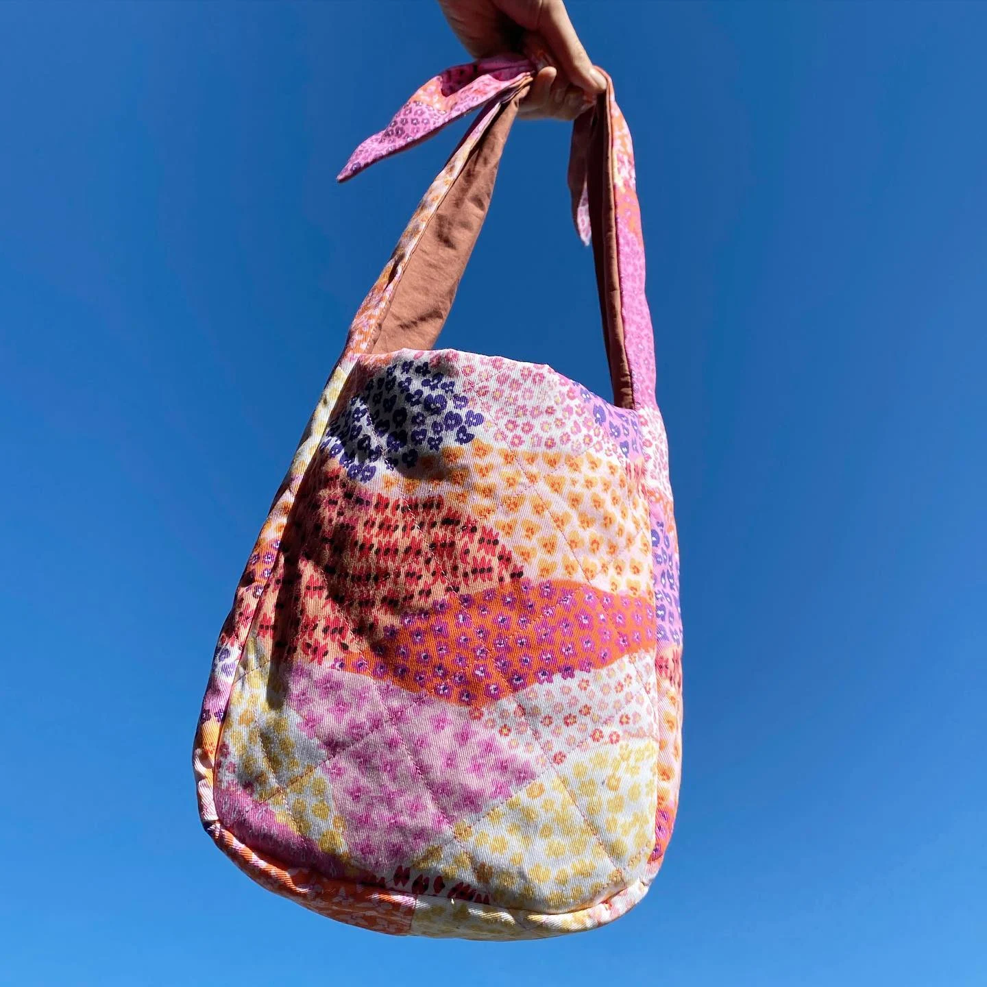 A patchwork handbag made with Lightweight Cotton Twill