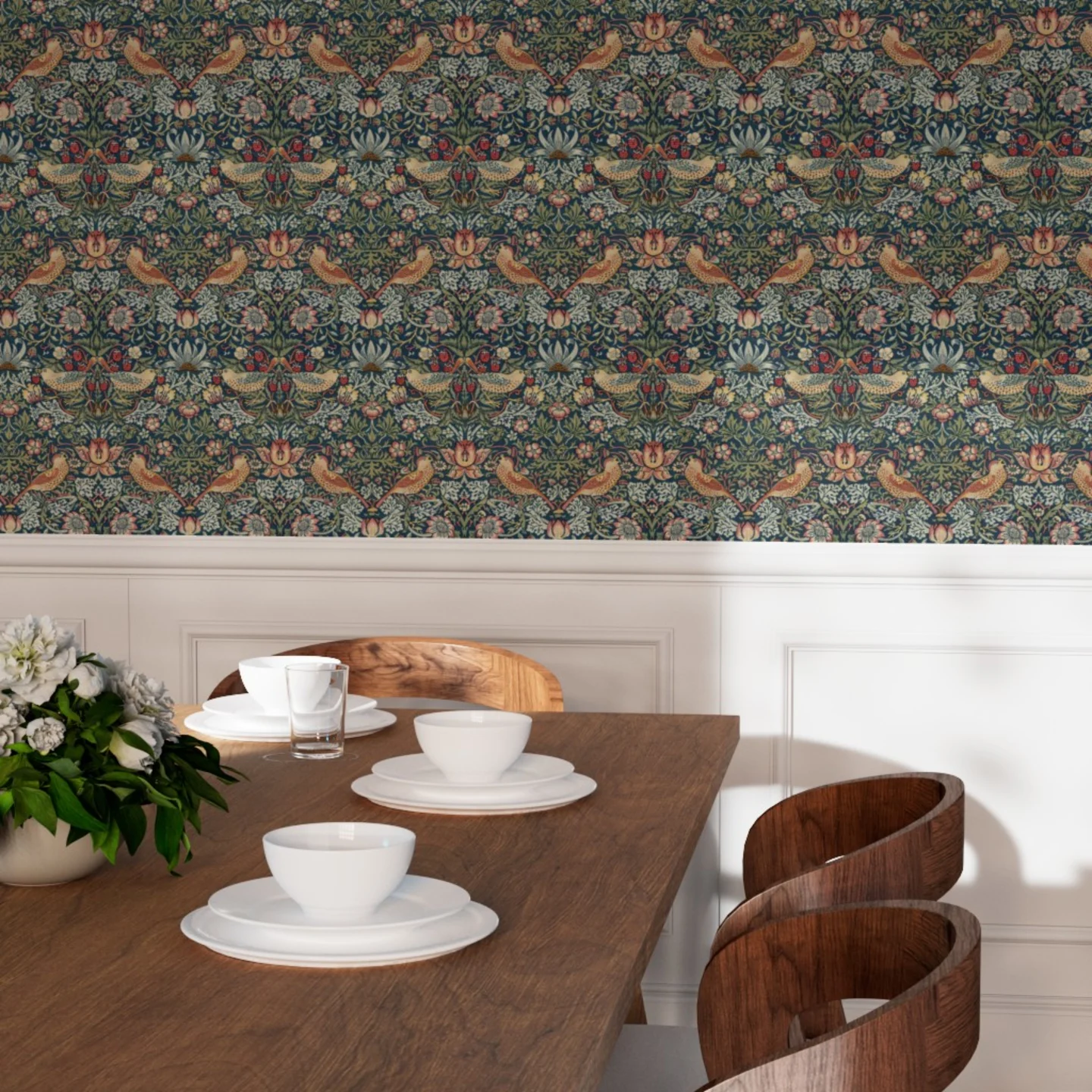Dining room with wallpaper in Strawberry Thief William Morris Vintage Birds by andrea_haase_design.