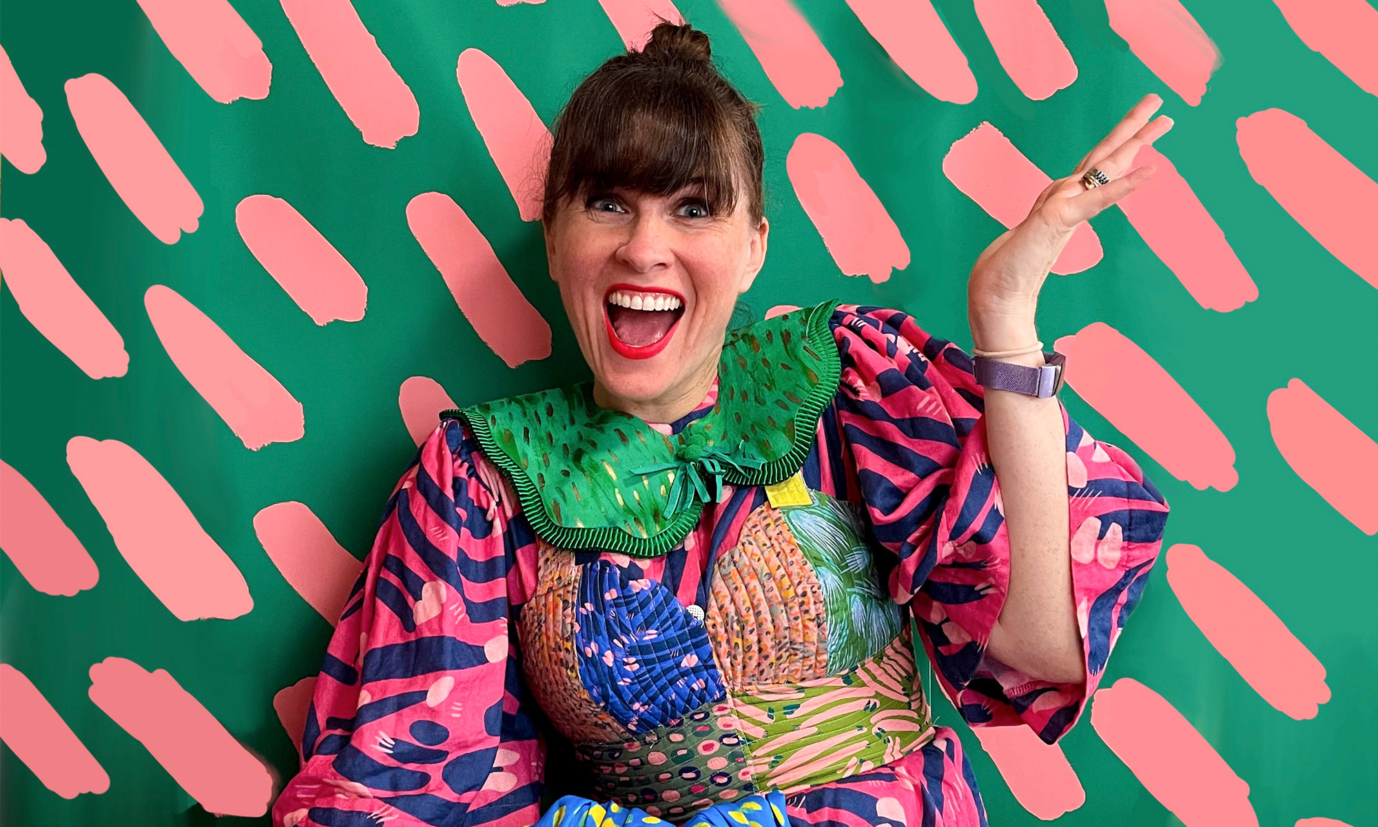 Katie Kortman wearing her pieces featuring garment and pattern mixing.