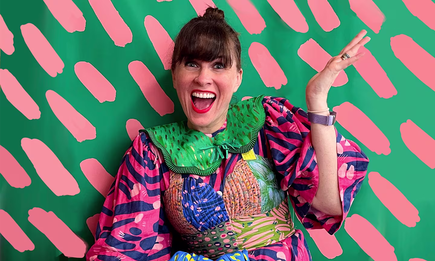 Katie Kortman wearing her pieces featuring garment and pattern mixing.