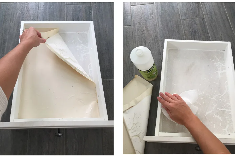 Two photos in a grid showing Suz removing the old lining and cleaning the drawer.