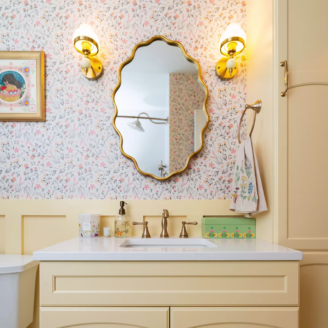 Bathroom with Spoonflower wallpaper